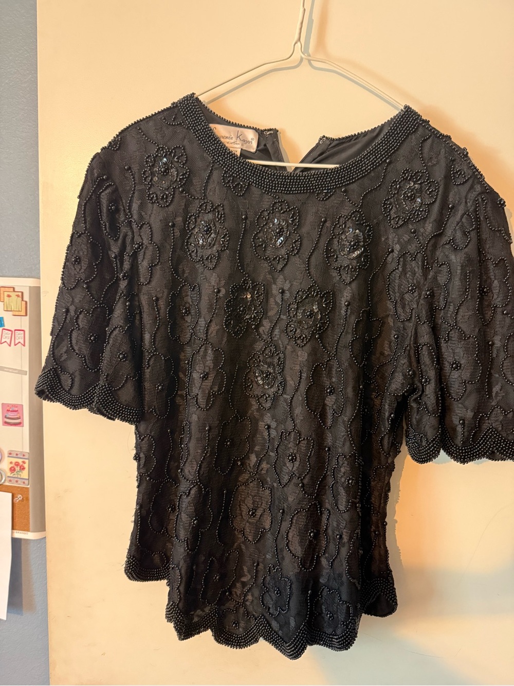 Laurence Kazar Black Beaded Floral Short Sleeve Blouse